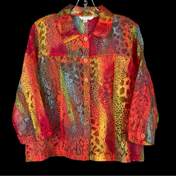 Rainbow Animal Print Top Size Medium Semi Sheer Button Blouse 3/4 Slv Leopard - Picture 3 of 10